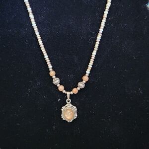 Peach Apricot Quartz Beaded Necklace with Sterling Silver 16" Pendant